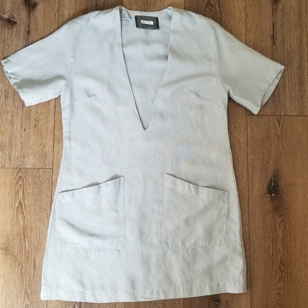 Reformation light blue deep V linen shirt dress